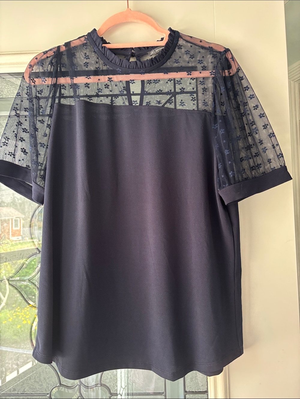 Adrianna Papell Navy Blue Sheer Yoke Short Sleeve Blouse